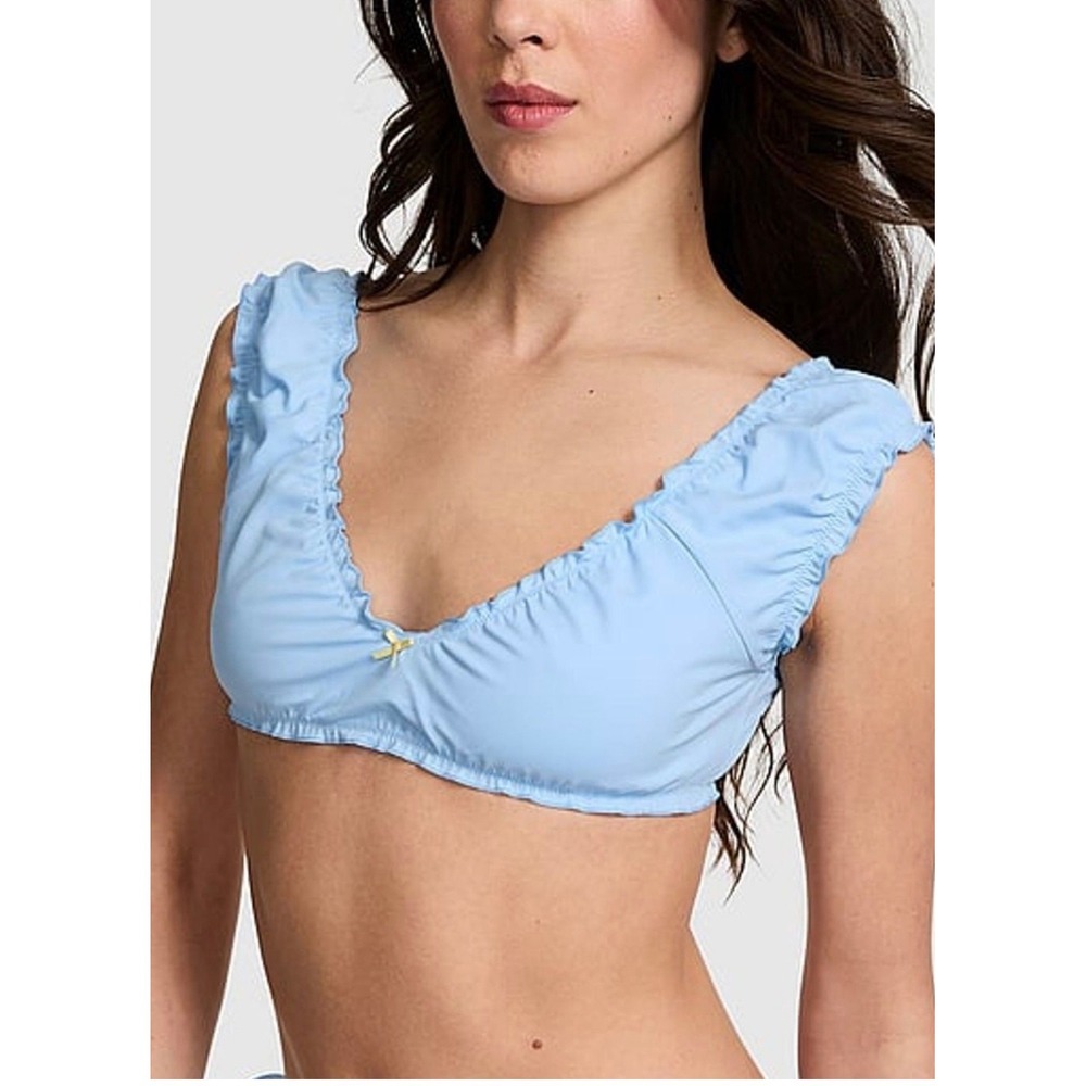 Victoria's Secret PINK x Frankies Bikinis Ruffle Swim Top Blue Small‎ NEW
